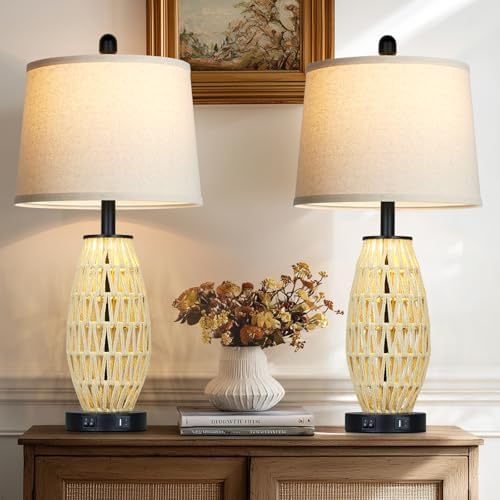 CINSARY 27“ Beige Boho Rattan Table Lamps with Night Light, Natural Bedroom Lamps Set of 2 with USB A+C Charging Ports, Rustic Farmhouse Woven Wicker Bedside Nightstand Lamp for Living Room End Tab