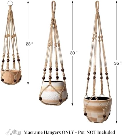 LEWESU 3 Pack Jute Macrame Plant Hanger Indoor 3 Different Sizes Hanging Planter Basket Flower Pot Holder with Wood Beads & No Tassels for Boho Home Decor, 23, 30, 35 Inch, Brown (Pot Not Included)