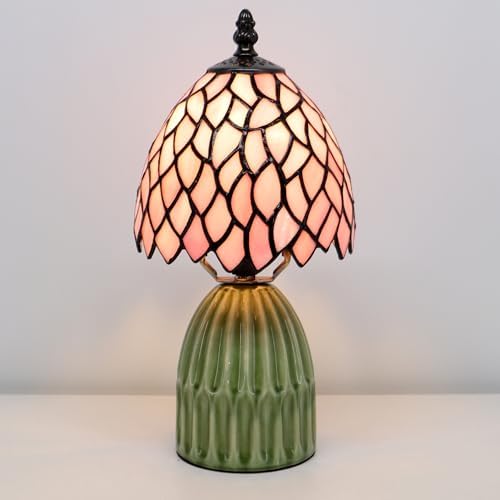 Tiffany Stained Glass Mushroom Table Lamp 12.5 Inch -Pink Leaf