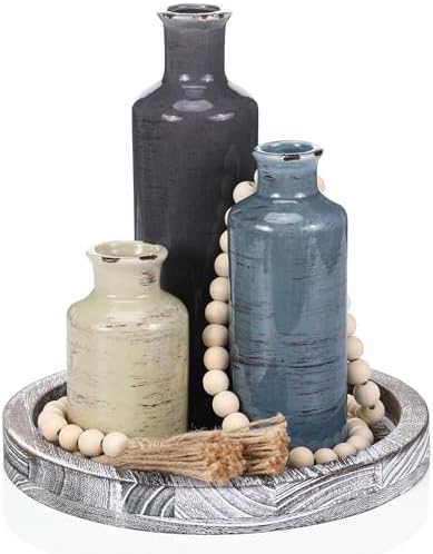5 Pcs Coffee Table Decor Set, Rustic Color, Whitewashed Gray Tray