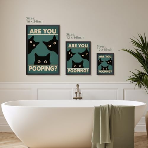 Cyebmo Funny Black Cat Bathroom Wall Art, Whimsical Toilet Humor Wall Decor, “Are You Pooping?” Cat Art Print, Three cats Poster Print for Restroom BathRoom Wood Framed Ready to Hang 16x24 Inch