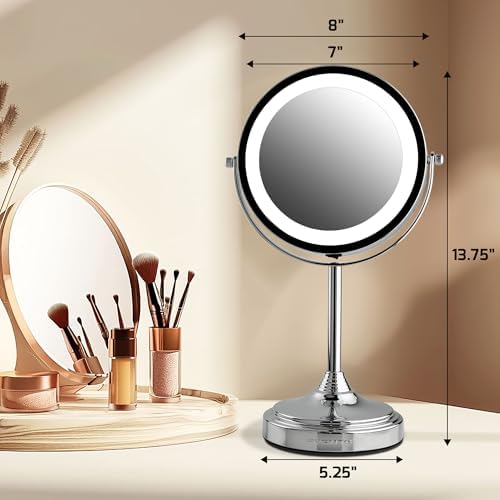 OVENTE 7'' Lighted Magnifying Makeup Mirror, Polished Chrome MCT70CH1X7X | Cordless Tabletop Vanity Mirror with 1X/7X Magnification, Battery Operated, 360° Swivel Design, Cool-Tone LED Lights