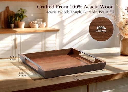 Large Ottoman Tray, 20in Square Acacia Wood Serving Tray with Handle