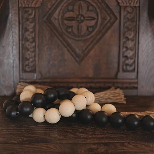 Extra Large Wooden Garland - 1.4" Diameter Wood Beads with Tassels - Farmhouse Beads Decor for Home (Black, 41 Inches)