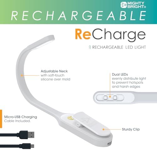 The Original Mighty Bright Recharge Clip On Rechargeable Book Light Reading Light, Warm Eye Care LEDs, Flexible, Durable, Dimmable, Perfect for Kids, Bookworms, Reading in Bed, Lasts 60 Hours (White)