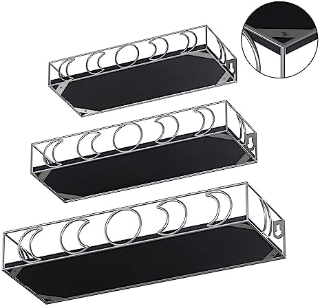 Moon Phase Wall Shelf, 3 Silver Side Black Base Floating Shelves