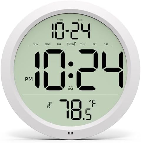 Digital Wall Clock Battery-Operated, 8 Inch Small Decorative Modern Wall Clock with Date, Temperature, Auto-DST, Silent Electric Wall Clock for Bedroom, Living Room, Kitchen, Office, Farmhouse - White