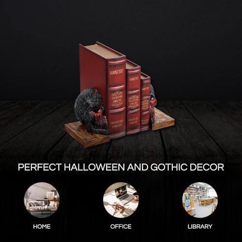 Skull Book Ends Gothic, Lifesize Human, Heavy-Duty Bookends, Skeleton Decorations, Bookends for Shelves, Heavy Books, Black Skull Design Bookend 7x5.1x6.3, Spooky Decor, Holiday - Bloody Black & Red