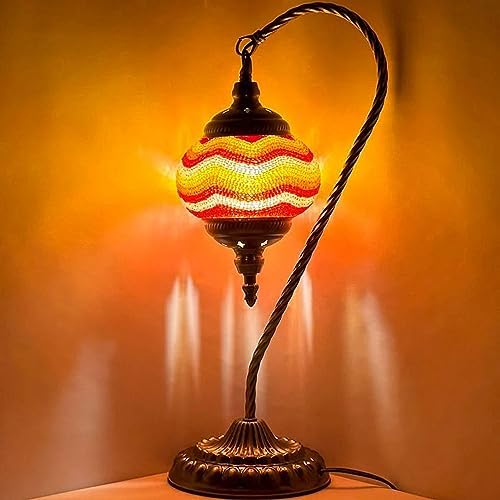SILVERFEVER Handcrafted Mosaic Turkish Lamp Moroccan Glass Table Desk Bedside Light Bronze Base with E12 Bulb (Red Yellow Lines Lattern)