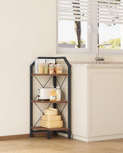 CHOEZON 3-Tier Corner Shelf, Industrial Corner Bookshelf, 35.4" Storage Stand, Plant Stand Display Shelf, Bookcase for Bedroom, Living Room, Home Office, Rustic Brown and Black TCJ03BF