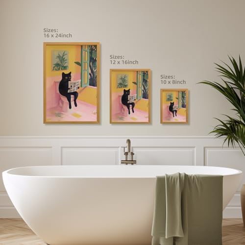 Cyebmo Funny Bathroom Wall Art, Cute Black Cat Sitting on Toilet Reading Newspaper Wall Decor, Whimsical Pink Abstract Animal Canvas Artwork for Bathroom Kid's Restroom Bedroom Wood Framed 8x10 Inch