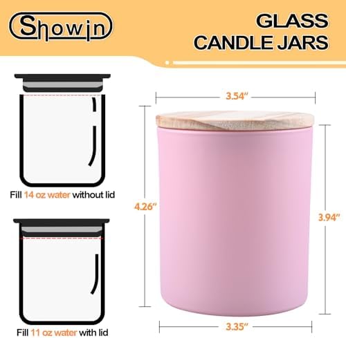SHOWIN 14 OZ Thick Candle Jars for Making Candles 12 Pcs, 3 Wick Empty Jars with Wood Lids for Candle Making, Sample Container, Matte Pink