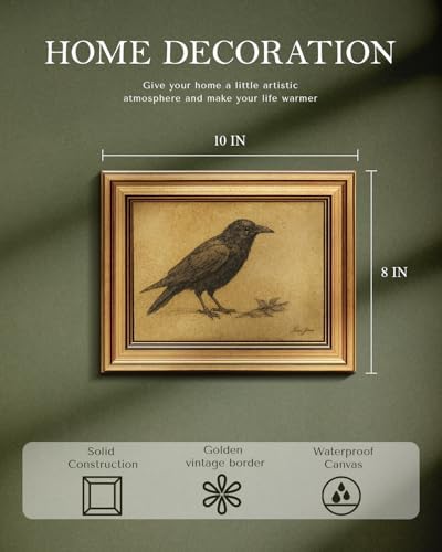 WHASAYART Gold Framed Wall Art for Living Room, Crow Painting Prints, Vintage Animal Wall Decor for Kitchen, Gothic Canvas Bedroom Pictures Artwork for Bathroom Hallway Black Crow 10L x 8W