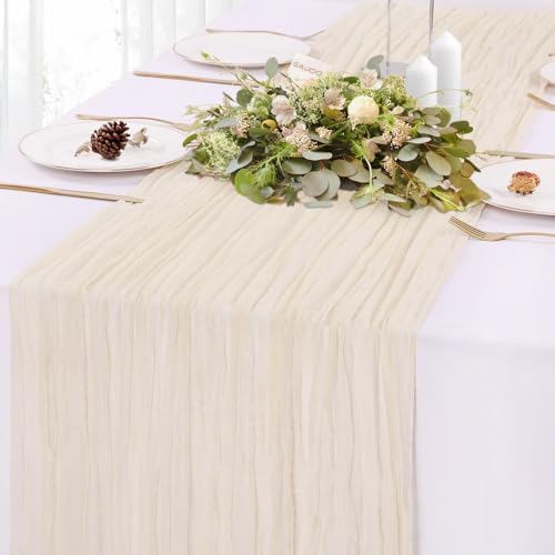 Cream Cheesecloth Table Runner 10FT Rustic Gauze Cheese Cloth Table Decorations 120 Inch Sheer Fabric Table Runners for Bridal Shower Birthday Party Home Decor