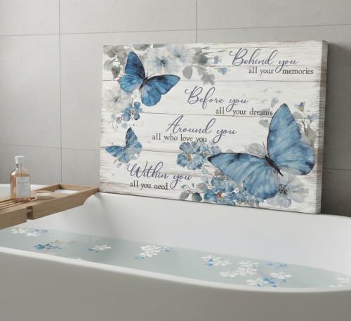 Inspirational Butterfly Canvas Wall Art Farmhouse Blue Butterfly Flowers Motivational Quotes Paintings Pictures Wall Decor Posters Prints Artwork for Women's Room Apartment Office Home Decoration
