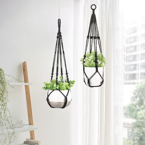Mkono 3 Pack Macrame Plant Hangers Hanging Planters for Indoor Plants Black
