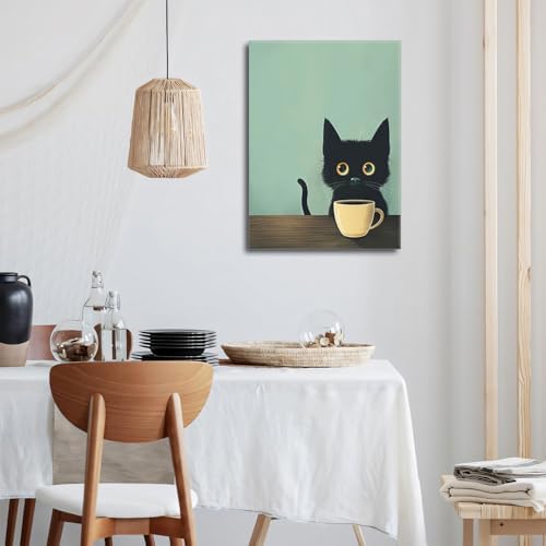 Yaneiro Framed Fun Black Cat Wall Art Abstract Drinking Coffee Picture Cute Retro Black Cat Wall Decor Canvas Poster Print Suitable for Cafe Bar Living Room Restaurant Bedroom 16x24 Inch