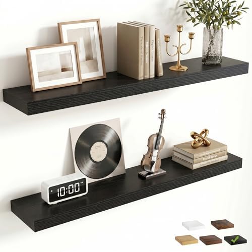 FLYJOE 36 Inch Floating Shelves for Wall Set of 2, 6.5" D Wood Grain Bathroom Shelves with Invisible Brackets, Easy Install Engineered Wood Storage Shelves for Kitchen, Living Room, Bedroom