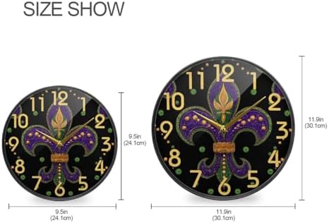 Naanle Mardi Gras Holiday Fleur De Lis Round Wall Clock, 12 Inch Silent Battery Operated Quartz Analog Quiet Desk Clock for Home,Office,School