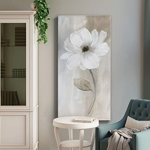 Renditions Gallery Canvas Floral Wall Art Modern Decorations Paintings Elegant White Rose Romantic Botanical Canvas Glam Wall Hanging Artwork for Bedroom Office Kitchen - 20"x40" LT43