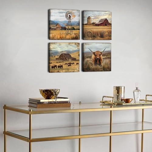 Farmhouse Wall Art Rustic Country Kitchen Wall Decor Highland Cow Pictures | 12x12" 4Pcs Fall Windmill Barn Canvas Prints Western Country Landscape Wall Decor Bison Wall Art for Living Room Bedroom