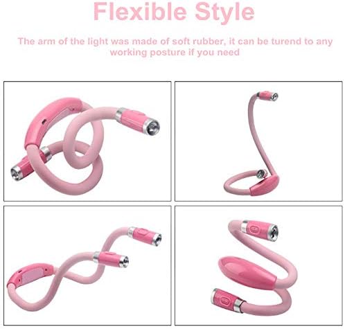 Rechargeable LED Neck Reading Light, Book Lights for Reading in Bed, 3 Brightness Levels, 2 Flexible Soft Silicone Arms Comfortable Wear, Long Lasting. Perfect for Bookworms, Craft & Knitting (Pink)