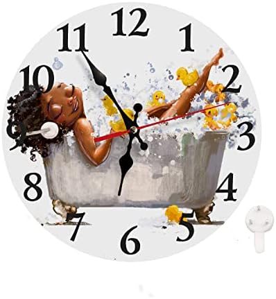 LOKMU Silent Non Ticking Clock 10 Inch, Round Wall Clock,Decorative for Living Room, Kitchen, Home,Bathroom, Bedroom, Office or School, African Woman Taking Shower