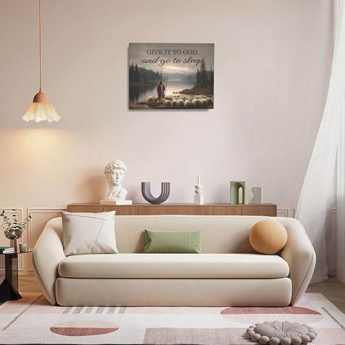 Jesus with Lamb Wall Art Jesus and Lamb Wall Decor Pictures Religious Christian Canvas Prints Painting God Faith Artwork Give it to God and Go to Sleep Decoration for Bedroom Framed Gifts 16"x20"