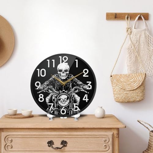 Naanle Chic Skull Guy Riding Motorcycle Round Wall Clock, 9.5 Inch Silent Battery Operated Quartz Analog Quiet Desk Clock for Home,Office,School