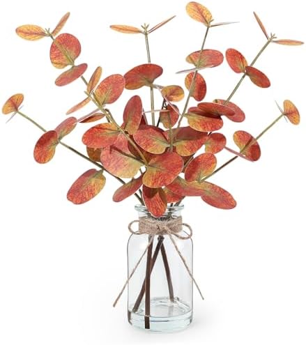 Bessol Fall Artificial Eucalyptus Stems in Glass Vase with Faux Water 14" Autumn Eucalyptus Branches Fall Home Table Decor Fake Fall Plants Stems for Farmhouse Kitchen Bathroom Decorations