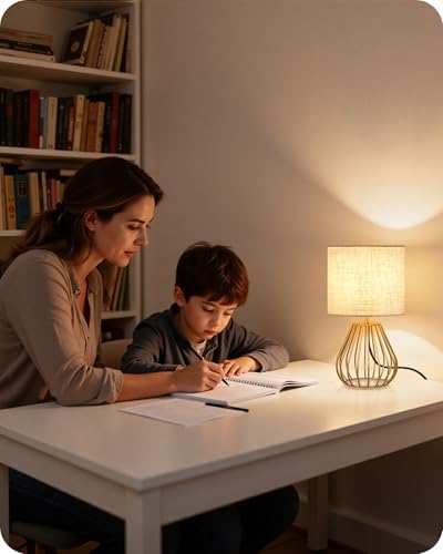 Gold Table Lamp, 12.6'' Small Table Lamp with Beige Linen Lampshade & Gold Cage Base, Modern Little Cute Desk Lamp, Bedside Lamp for Bedroom, Living Room, 2700K LED Bulb Included, DE06TL05