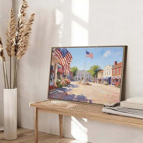 American Flag Framed Canvas Wall Art, 4th of July Patriotic Canvas Prints | USA Flag with Small Town Street Poster Print, Independence Day Wall Decor for Bedroom Living Room 16×20in