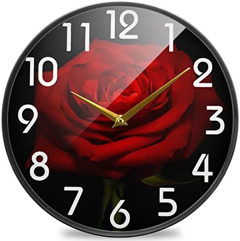 Naanle Beautiful Red Rose Print Round Wall Clock, 12 Inch Silent Battery Operated Quartz Analog Quiet Desk Clock for Home,Office,School