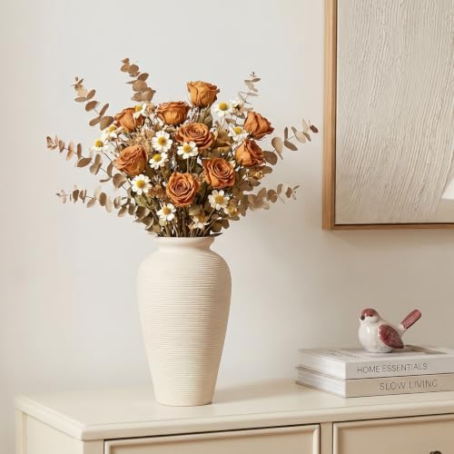 11.02 Inch Tall Vintage White Ceramic Flower Vase, Rustic Farmhouse Beige Stone Texture Vase for Home Decor, Decorative Terracotta Vase for Table Centerpiece Living Room Bathroom (Off White-11.02'')
