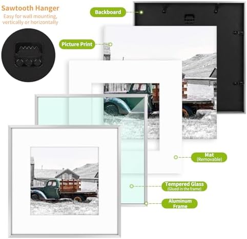 Golden State Art 12x12 Silver Aluminum Frame, Real Glass, Mat Fits 8x8