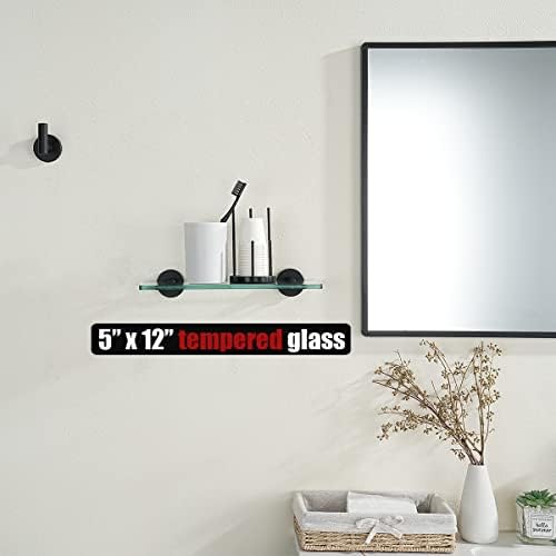 JQK Bathroom Glass Shelf Black, Tempered Glass Shower Storage 12 by 5 inches, 304 Stainless Steel Matte Black Wall Mount 2 Pack, TGS101L12-PB-P2