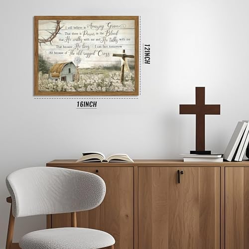 Cross Christian Wall Art Barn Windmill Country Pictures Framed 12x16 Inch | Bible Verses Paintings, Vintage Hymn Canvas Prints, Religious Artwork for Prayer Room Office Church Decor