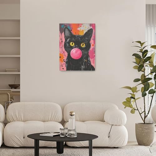 Funny Black Cat Pink Banksy Graffiti Wall Art Cute Cat Pictures Canvas Wall Decor kitten Painting Artwork Decoration Framed Gifts for Lover Women Girl Bathroom Bedroom Living Room Office 12"x16"