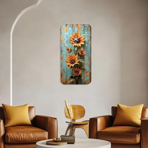 Rustic Clock for Bedroom 12 inch - Sunflower Wall Clock Battery Operated - Wooden Vintage Wall Clocks Silent Non Ticking for Office Kitchen Living Room Decor
