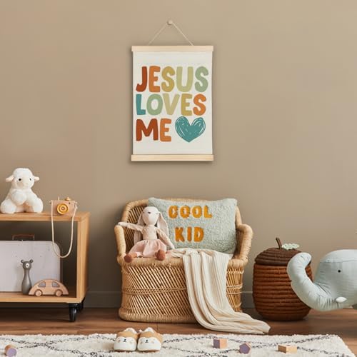SereneHanctuary Christian Kids Wall Art, Bible Verses Wall Decor,Jesus Loves Me Poster Hanger Frame for Bedroom Nursery Kids Toddler Room Decor,12X16Inches