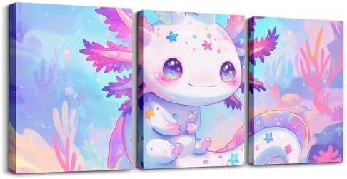 Feelyou Axolotl Canvas Wall Art for Living Room Pink Cartoon Axolotl Wall Decor for Bedroom Bathroom Wall Decor Kawaii Paintings Seaweed Pictures Artwork Office Pictures Home Decor 12" x 16" 3 Piece