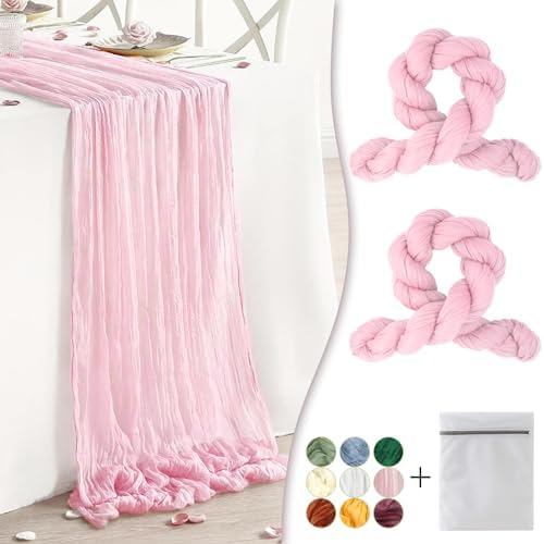 Pink Cheesecloth Table Runner 2 Pack 35" Boho Gauze Runner 120 inches Long Runner Rustic Sheer Fabric Bulk for Boho Baby Shower Wedding Bridal Birthday Party Table Decorations