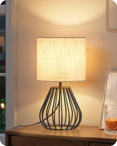 Small Bedside Table Lamp, Black Table Lamp with Metal Cage & Linen Lampshade, Modern Cute Desk Lamp, Cozy Nightstand Lamp for Bedroom, Living Room, Office, 2700K LED Bulb Included, E06TL05
