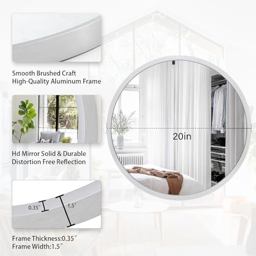 JJUUYOU Round Mirror Sliver Round Wall Mirror Metal Frame Bathroom Mirrors Circle Mirrors for Wal Living Room Bedroom Vanity Entryway Hallway 20 inch
