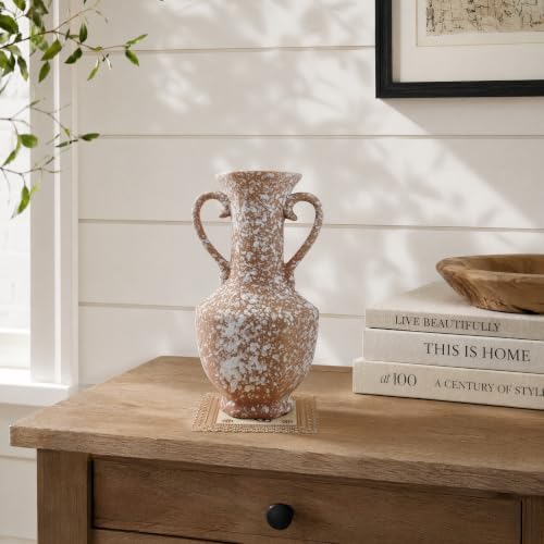 AOZITA Ceramic Flower Vase,9.3" Tall Rustic Farmhouse Vase with Double Handles, Vintage Home Decor for Living Room, Kitchen, Bedroom & Office, Terracotta