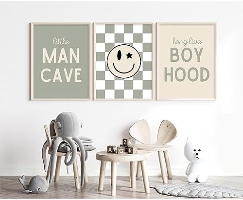 Long Live Boyhood Wall Art Nursery Baby Boys Canvas Wall Art Decor Preppy Retro Poster Prints Kids Little Man Cave Pictures Sage Green Artwork for Room Bedroom Set of 3 16x24 Inch Unframed