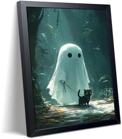 Framed Cute Ghost and Black Cat Wall Art, Whimsical Halloween Canvas Poster Print Picture, Spooky Cute Ghost Painting Aesthetic Wall Decor for Bedroom Living Room Bathroom Home Decoration 12x16 Inch