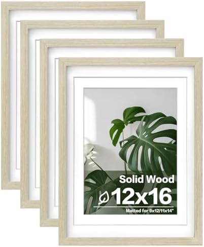 Egofine 12x16 Picture Frames Set of 4, Made of Solid Wood Covered by Plexiglass 9x12 and 11x14 with Mat or 12x16 without Mat, for Wall Mounting Photo Frame Distressed Wood Grain