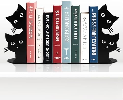 Peeping Cat Bookends for Shelves Decorative, Metal Book Ends for Heavy Books Book Stopper for Office Home Cute Desk Bookshelf Decor Cat Lover Gifts for Women (Black)