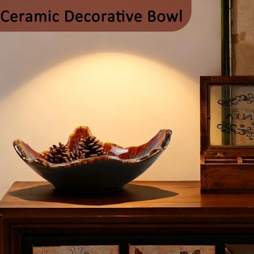 8" Ceramic Decorative Bowl，Irregular Rim Reactive Glaze Key Bowl For Entryway Table，Handcrafted Purse Catch All Bowls，Japanese Style Fruit Bowls For Tabletop or Home Decor